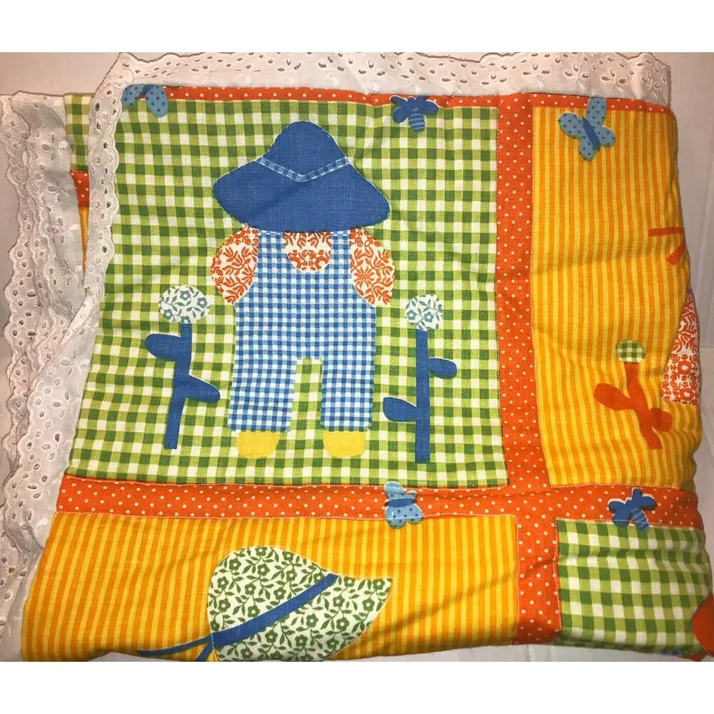 Handmade Quilt Farmer Garden Couple Grn Orng Crib Blanket Throw Baby 43